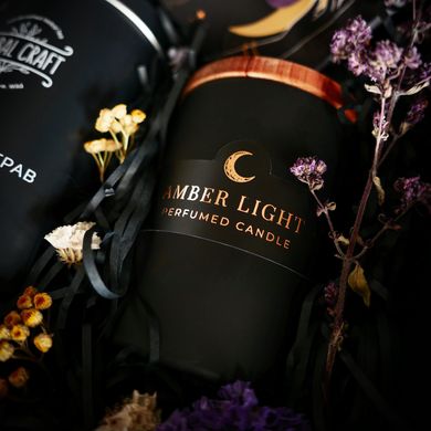 Подарунковий набір (баночка чаю, парфумована свічка "Amber Light" у скляній ємності з дерев'яною кришкою, листівка)